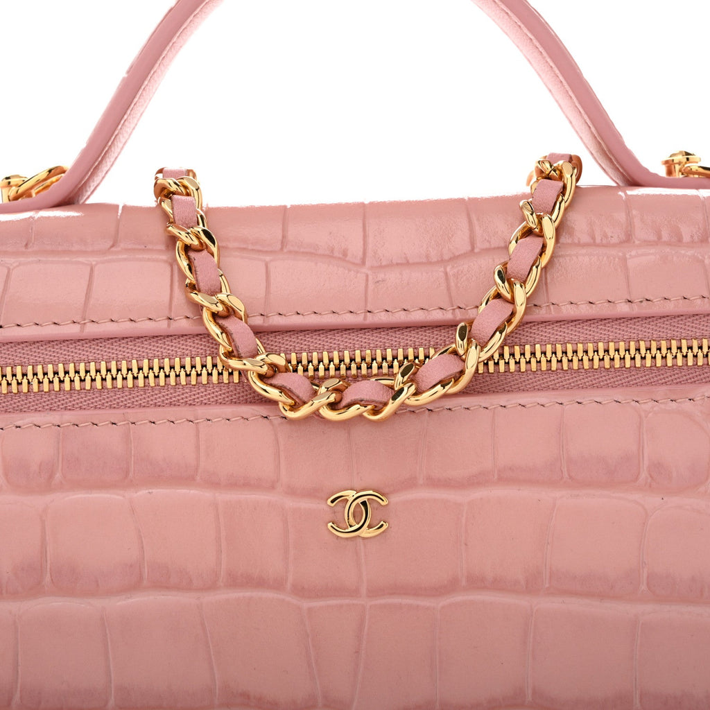 Calfskin Crocodile Embossed Crococo Top Handle Slim Vanity Case With Chain Light Pink