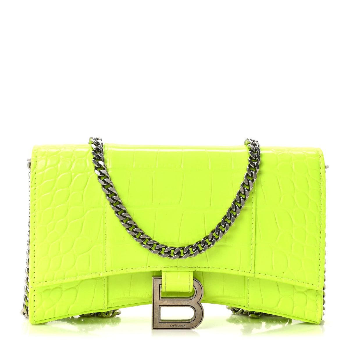 Shiny Calfskin Crocodile Embossed Hourglass Chain Bag Fluo Yellow