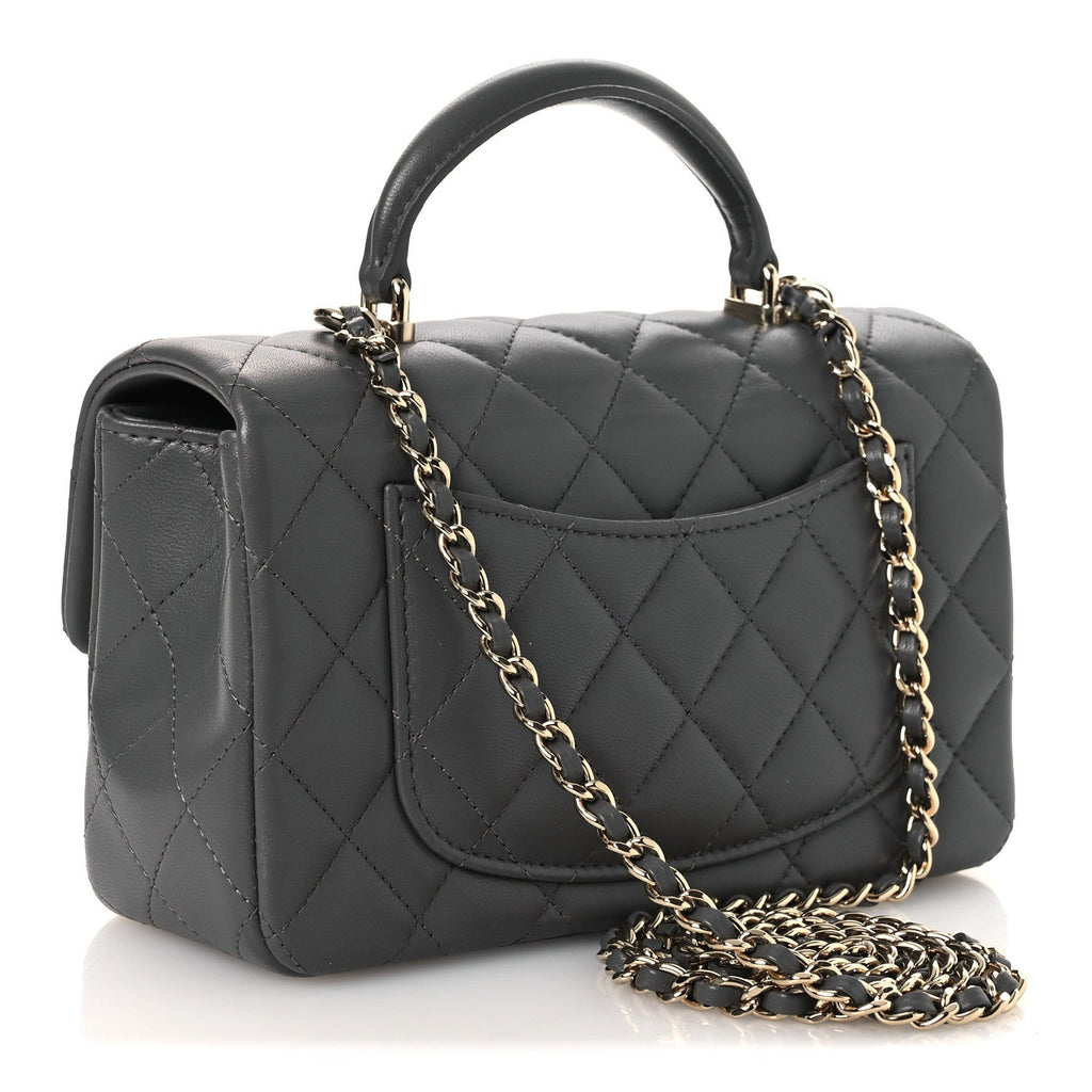 Lambskin Quilted Mini Top Handle Rectangular Flap Dark Grey