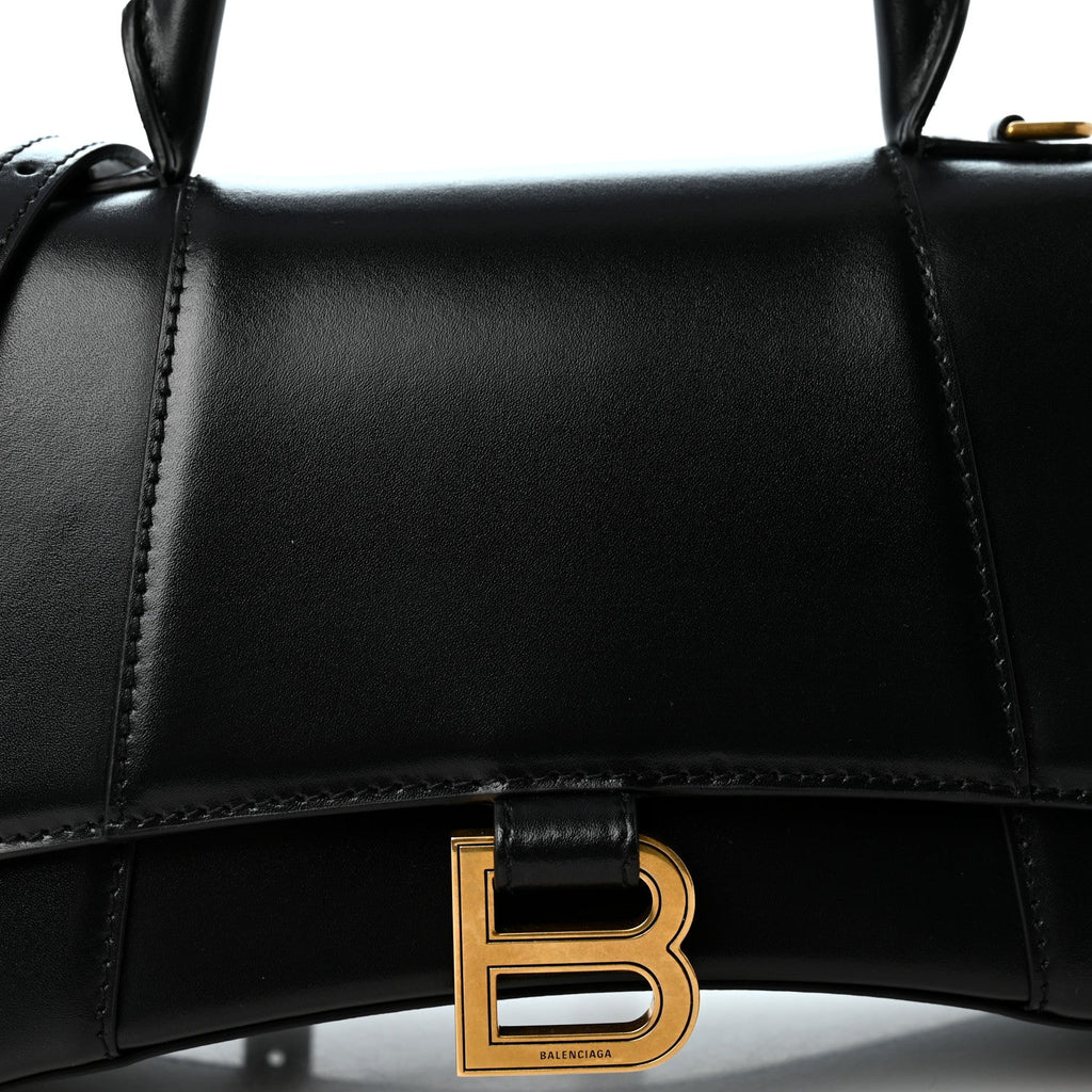 Shiny Box Calfskin Small Hourglass Top Handle Bag Black