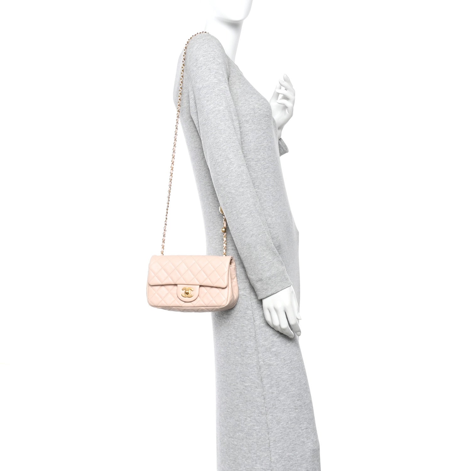 Lambskin Quilted Mini Rectangular Pearl Crush Flap Light Beige