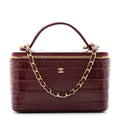 Calfskin Crocodile Embossed Crococo Small Top Handle Vanity Case With Chain Dark Burgundy