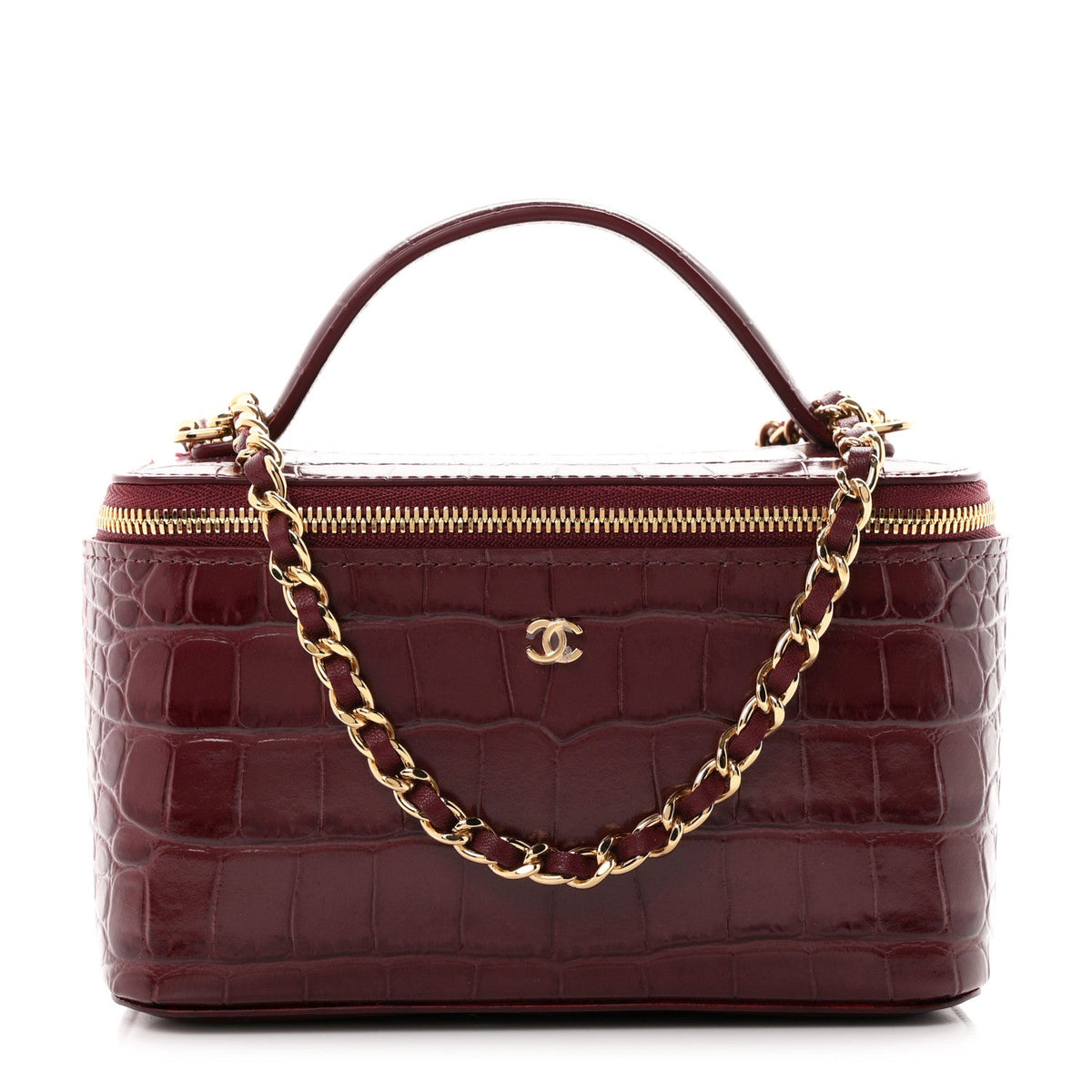 Calfskin Crocodile Embossed Crococo Small Top Handle Vanity Case With Chain Dark Burgundy