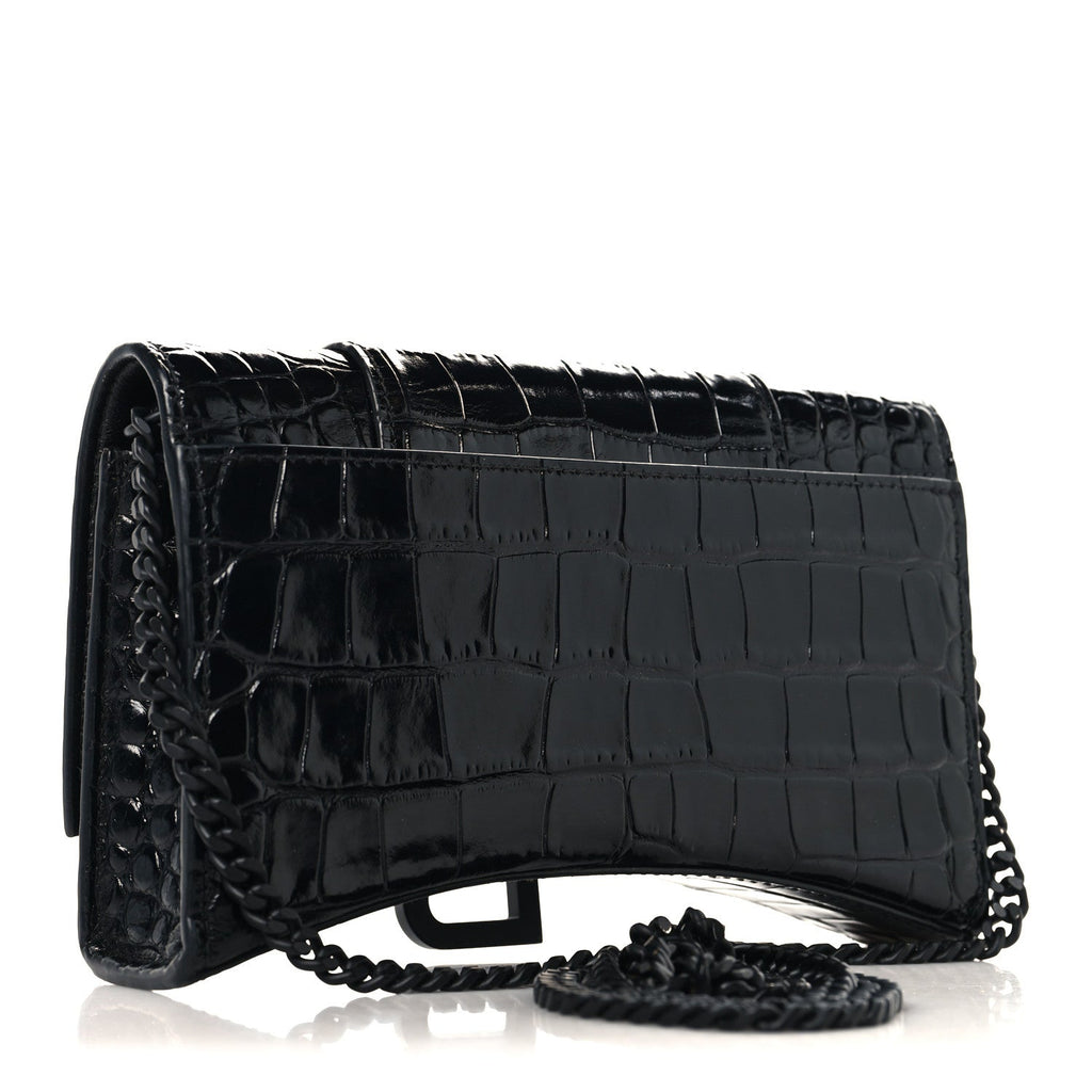Shiny Calfskin Monochrome Crocodile Embossed Hourglass Chain Bag Black