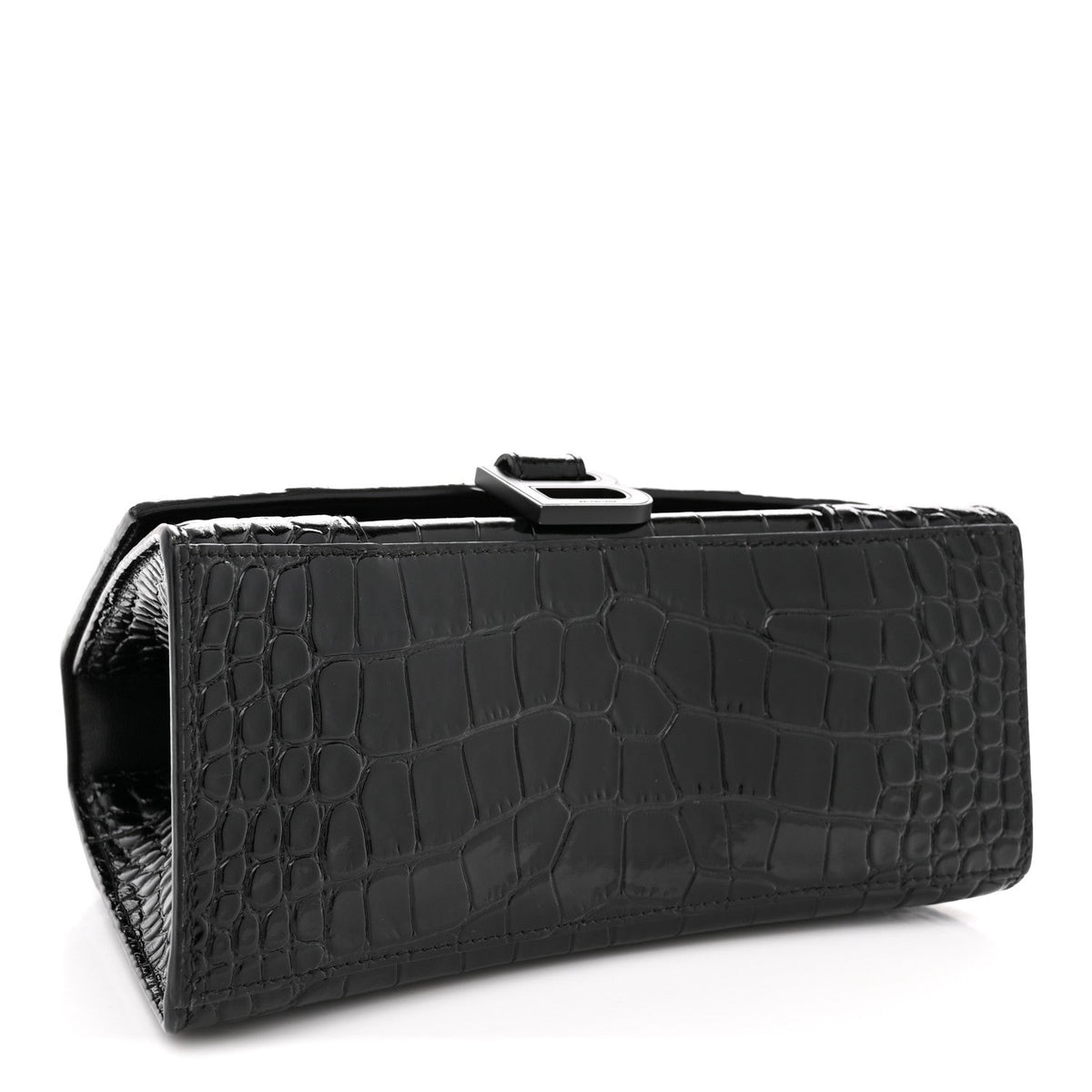 Shiny Calfskin Monochrome Crocodile Embossed Small Hourglass Top Handle Bag Black