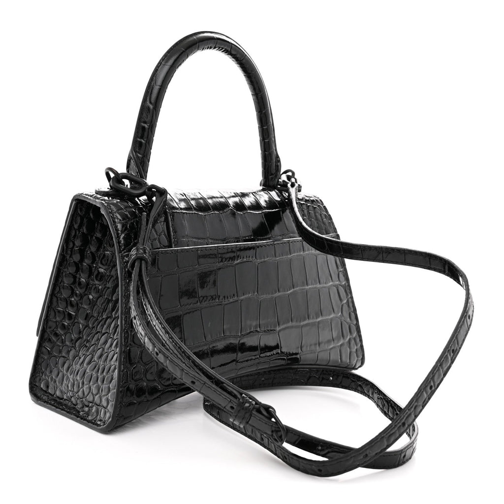 Shiny Calfskin Monochrome Crocodile Embossed Small Hourglass Top Handle Bag Black