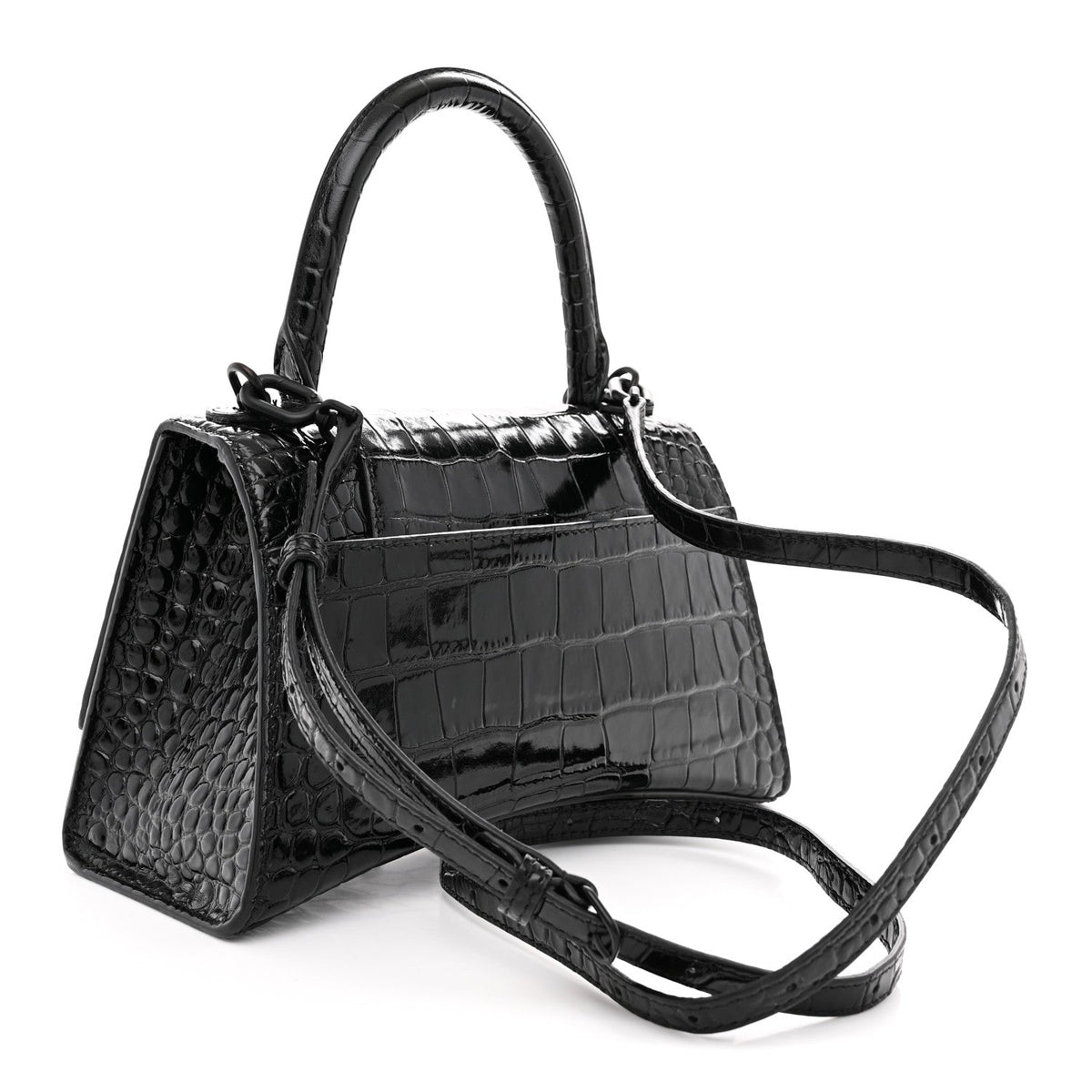 Shiny Calfskin Monochrome Crocodile Embossed Small Hourglass Top Handle Bag Black