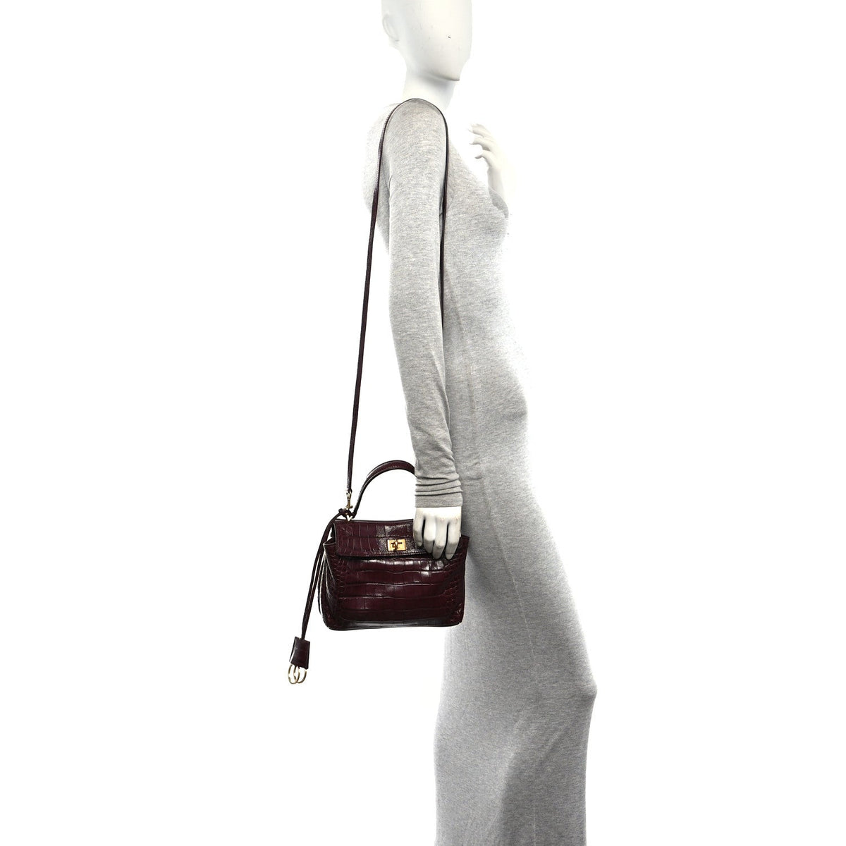 Shiny Calfskin Crocodile Embossed Mini Rodeo Top Handle Handbag Dark Burgundy