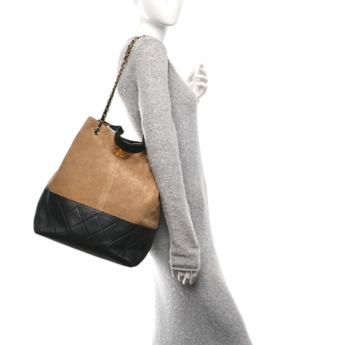 Suede Calfskin Shiny Lambskin Quilted Coco Base Shopping Bag Beige Black