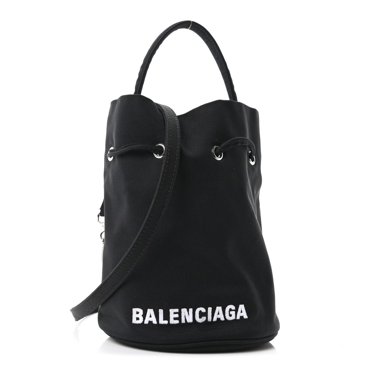 Recycled Sport Nylon Logo Embroidered Wheel Drawstring Bucket Bag Black White