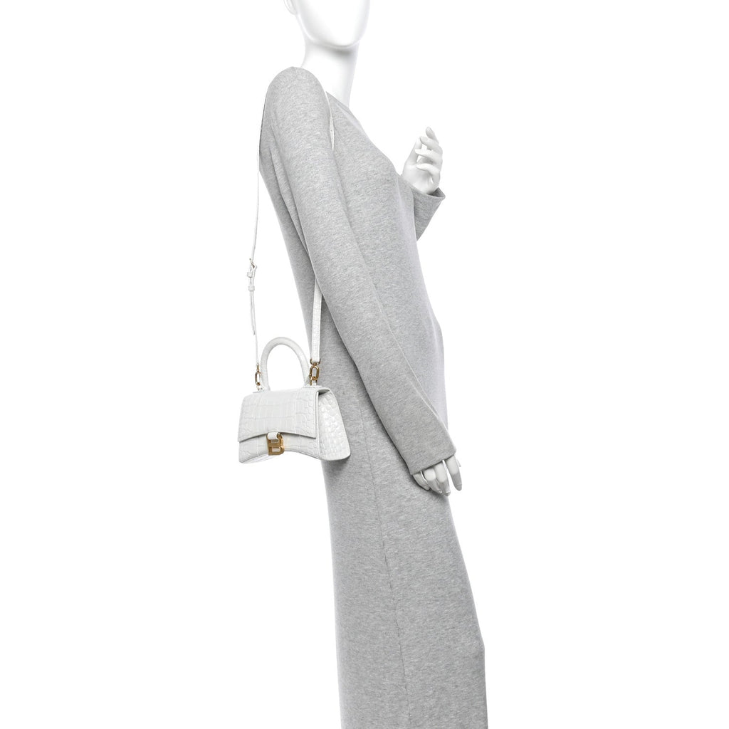 Shiny Calfskin Crocodile Embossed Hourglass Top Handle Bag XS White
