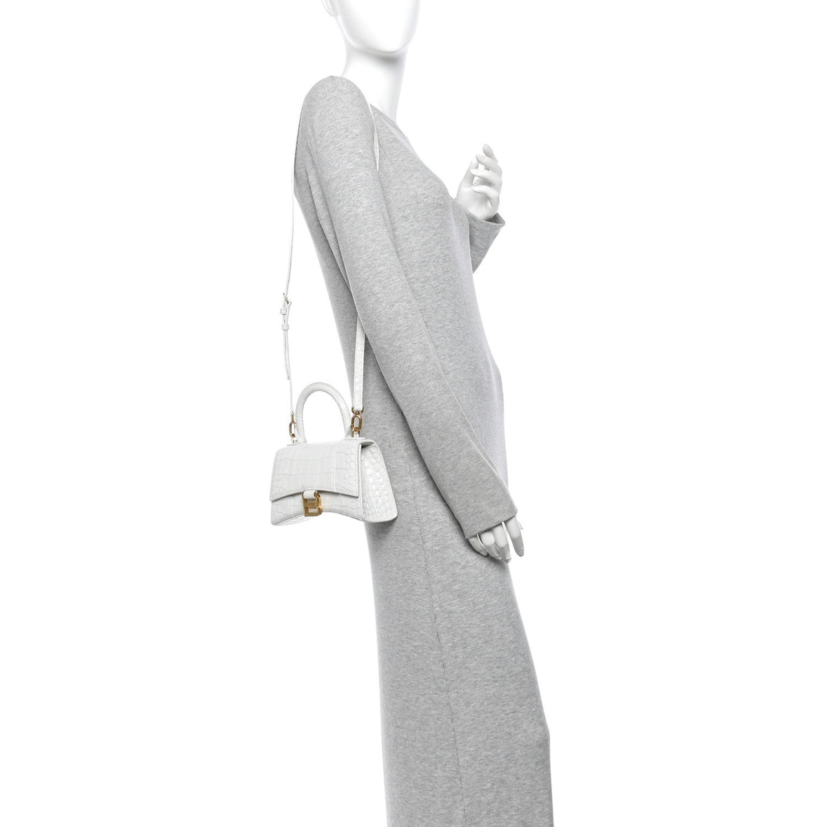 Shiny Calfskin Crocodile Embossed Hourglass Top Handle Bag XS White
