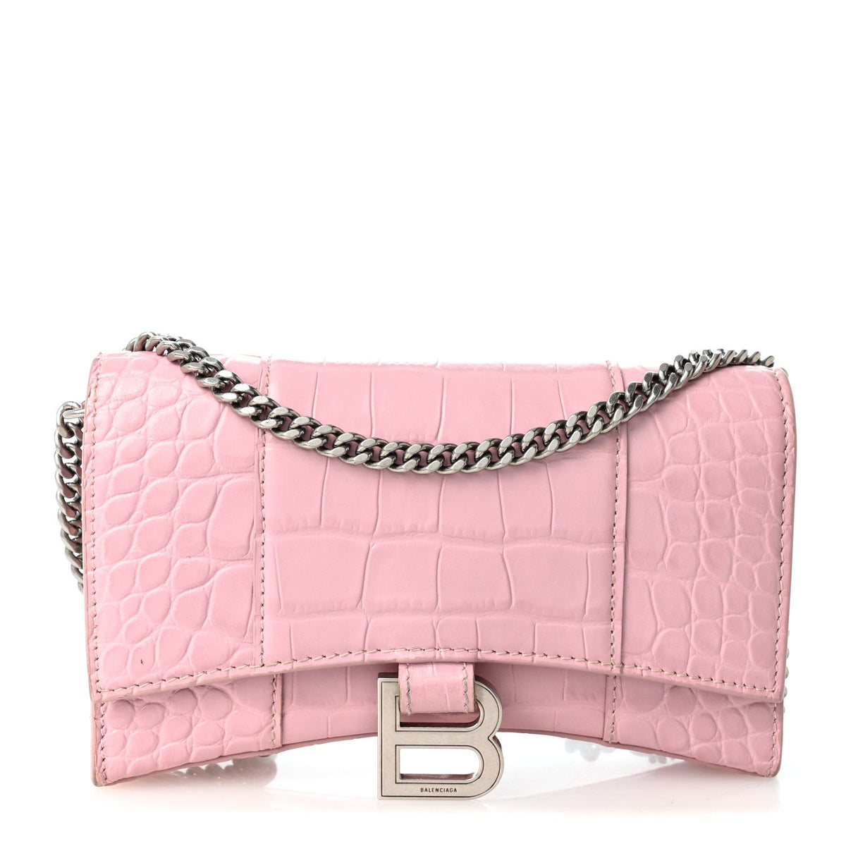 Shiny Calfskin Crocodile Embossed Hourglass Chain Bag Powder Pink