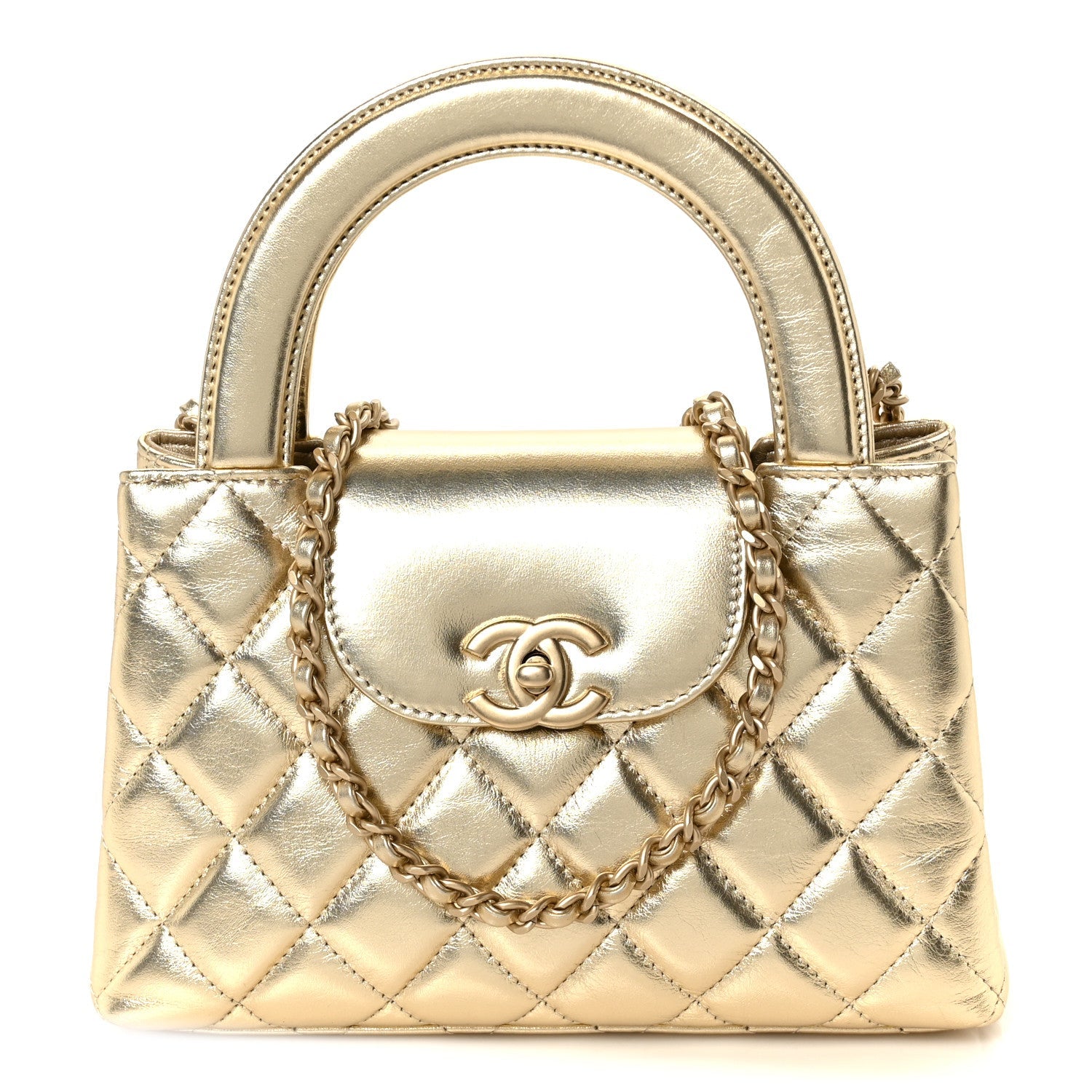 Metallic Shiny Aged Calfskin Quilted Nano Kelly Shopper Gold