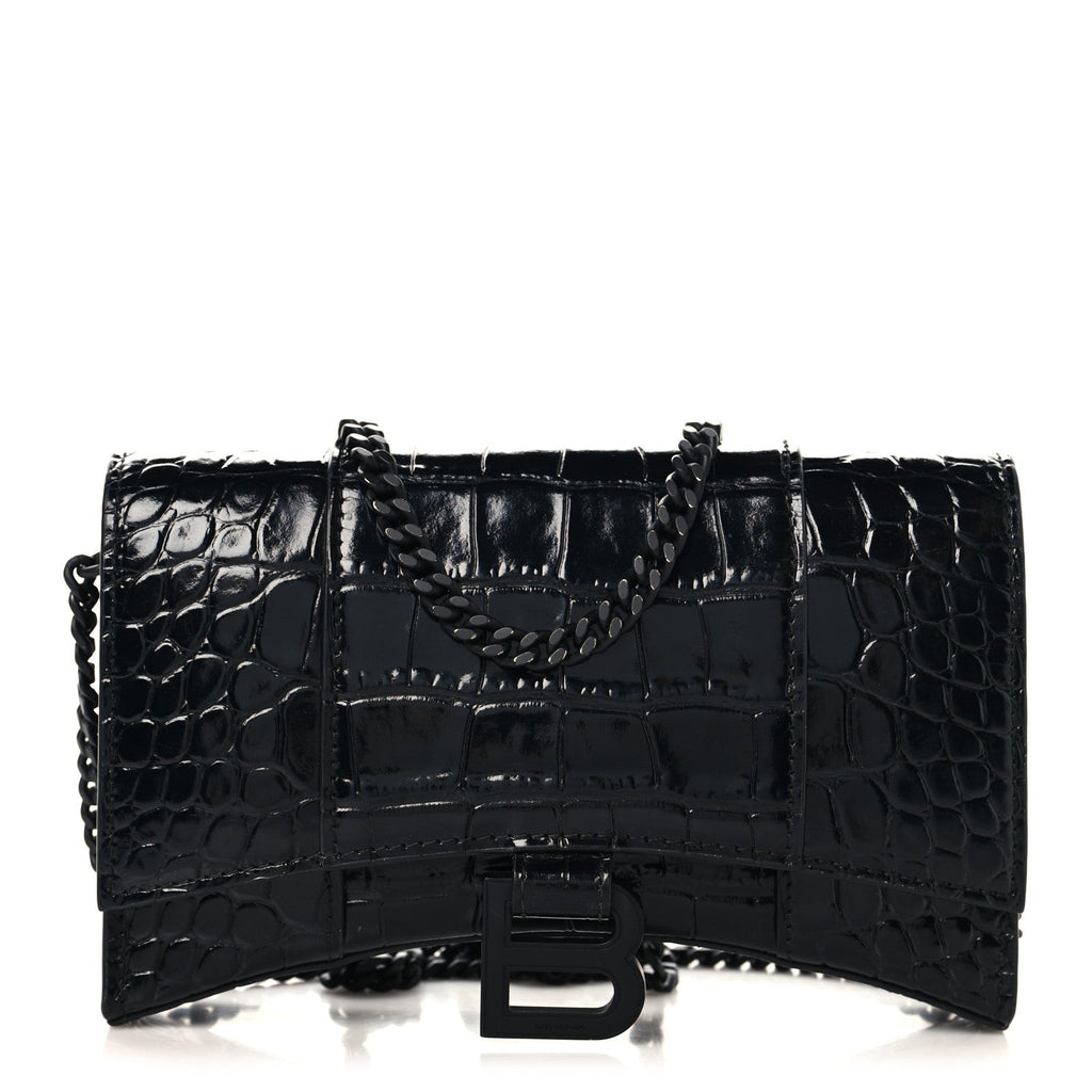 Shiny Calfskin Monochrome Crocodile Embossed Hourglass Chain Bag Black