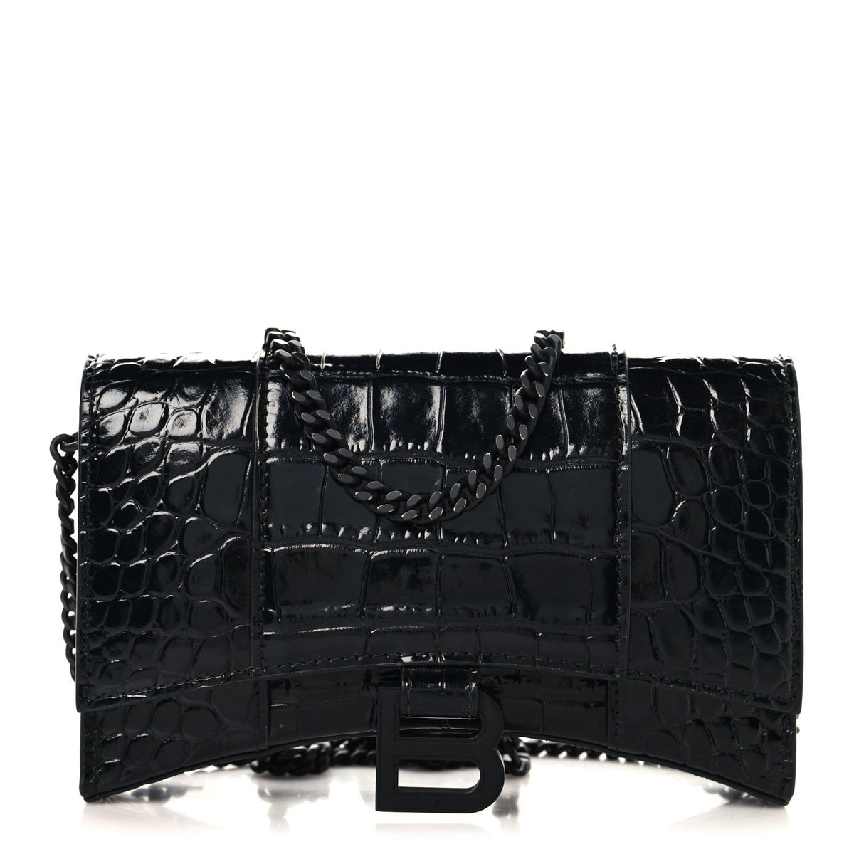 Shiny Calfskin Monochrome Crocodile Embossed Hourglass Chain Bag Black