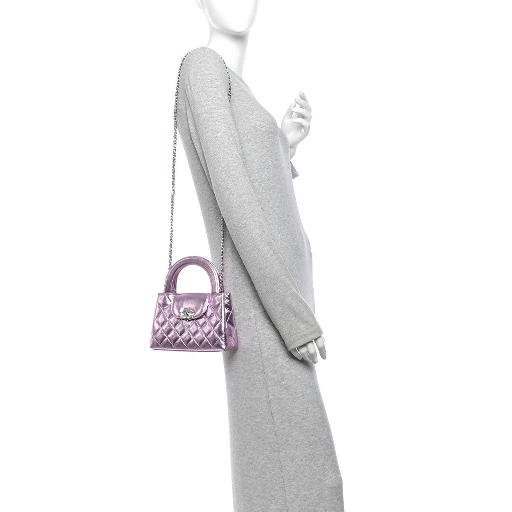 Metallic Aged Calfskin Quilted Nano Kelly Shopper Pink