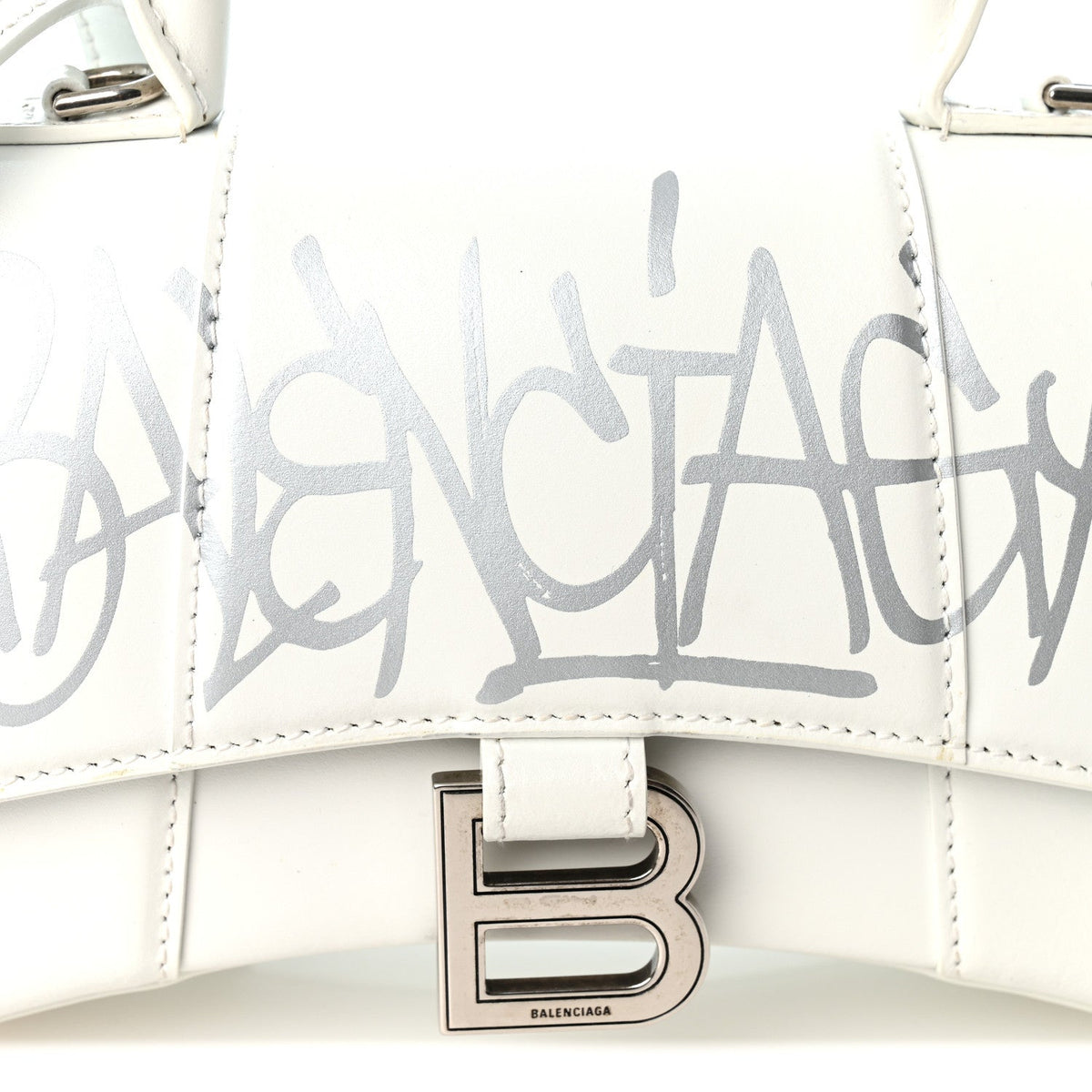 Box Calfskin Graffiti Logo Hourglass Top Handle Bag XS White Light Silver