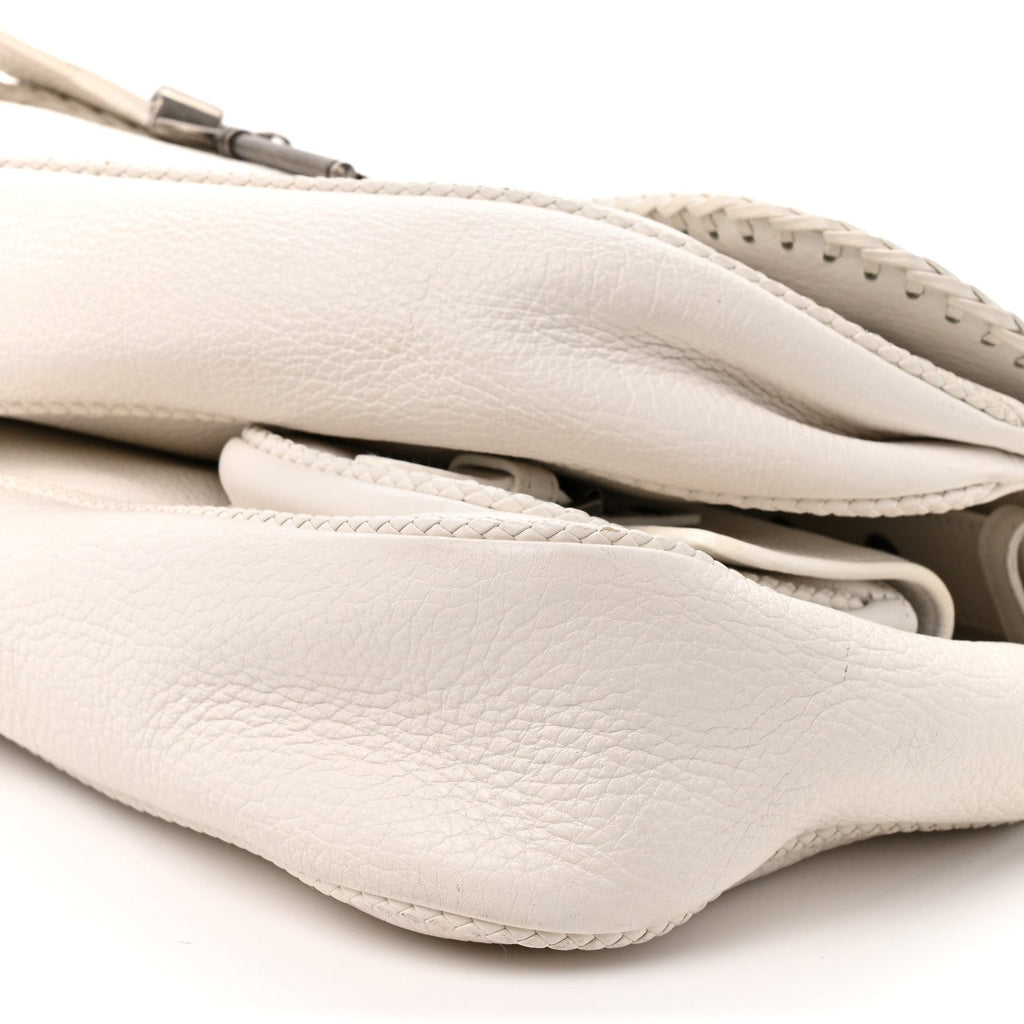 Pebbled Calfskin Braided Gaucho Double Saddle Flap Bag White