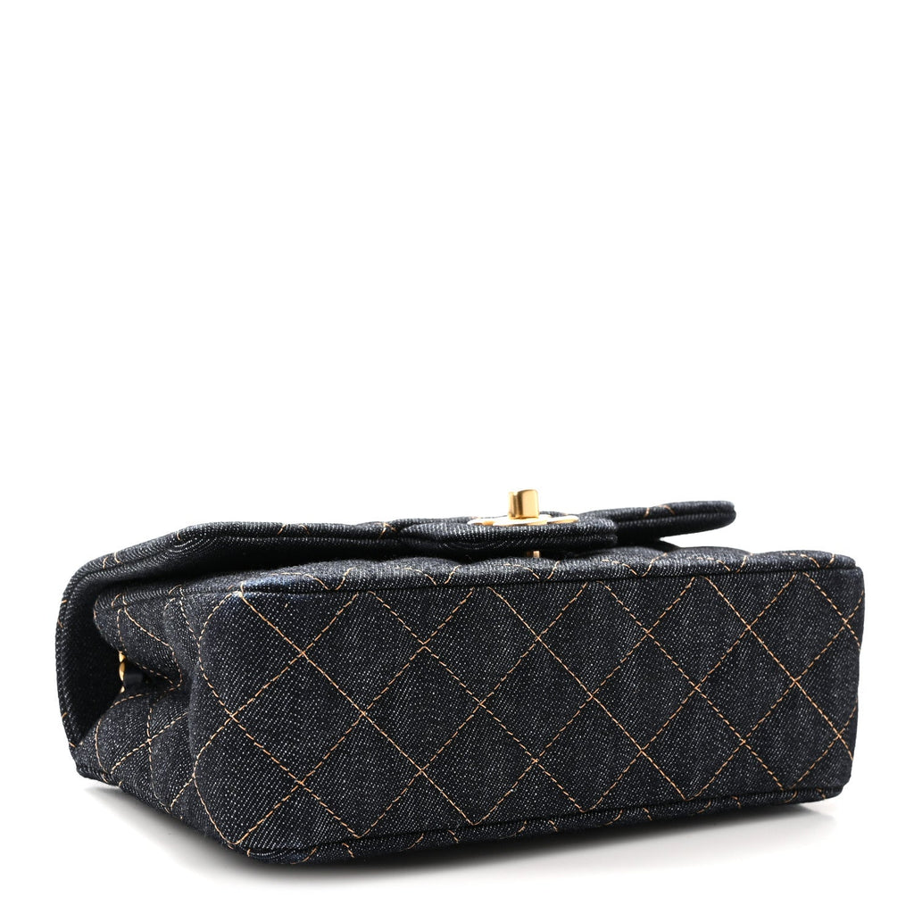 Denim Quilted Mini Rectangular Flap Dark Blue Orange