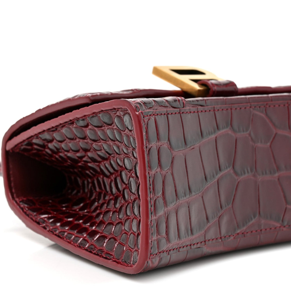 Shiny Calfskin Crocodile Embossed Hourglass Top Handle Bag XS Dark Red