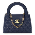 Shiny Aged Calfskin Quilted Nano Kelly Shopper Dark Blue