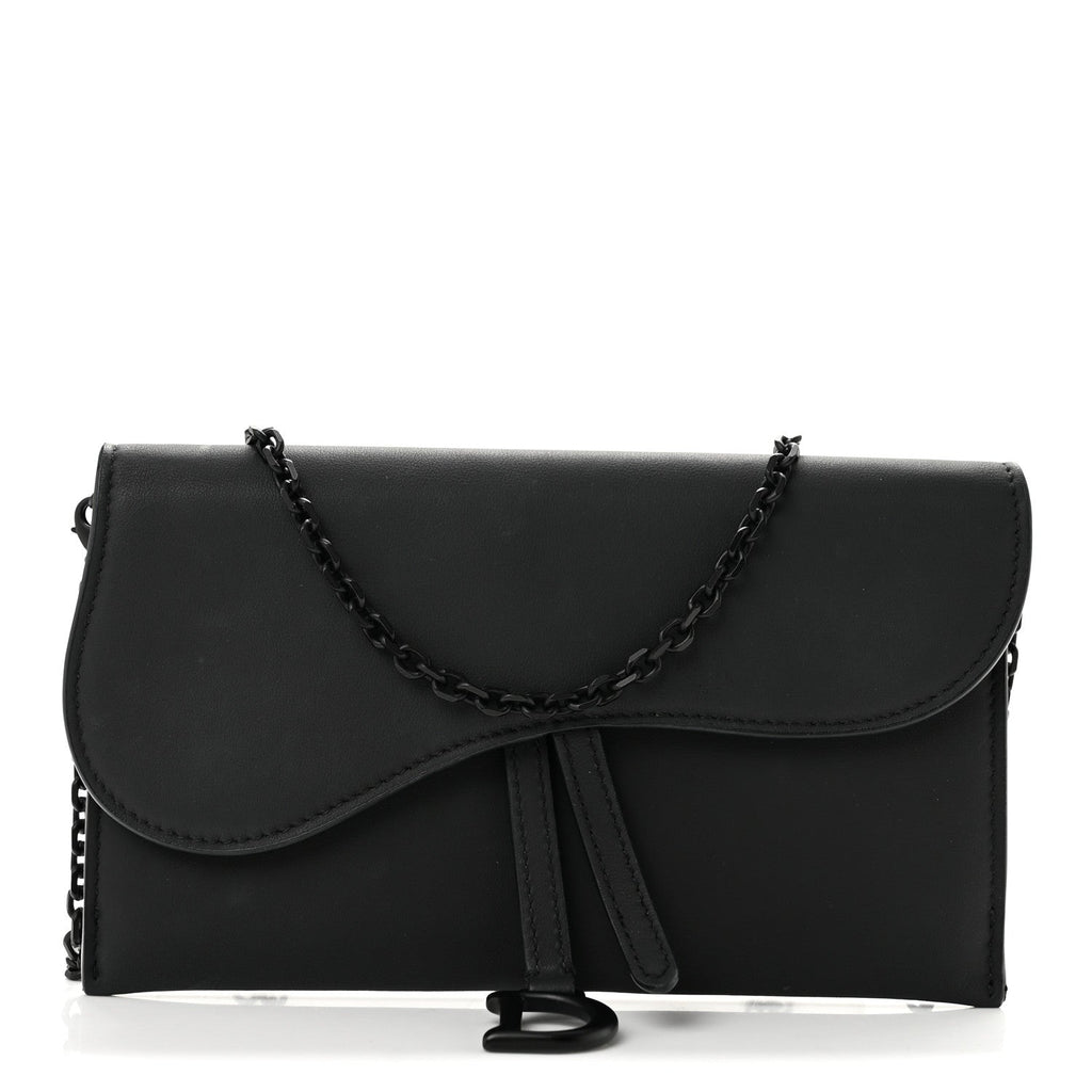 Ultra Matte Calfskin Saddle Chain Wallet Pouch Black