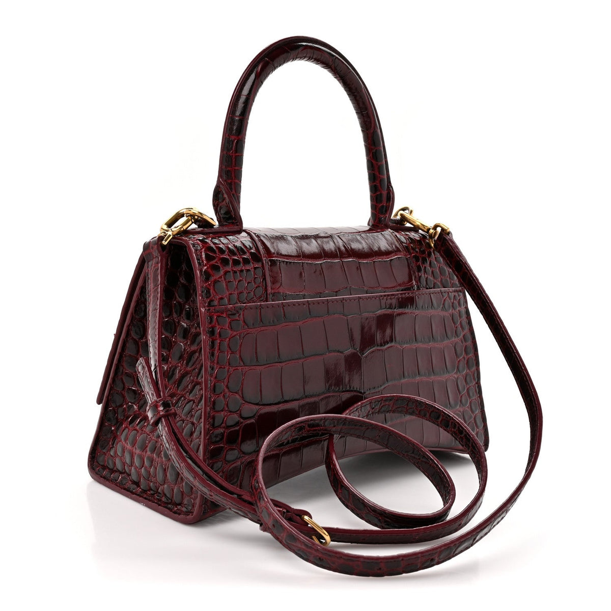 Shiny Calfskin Crocodile Embossed Small Hourglass Top Handle Bag Dark Red