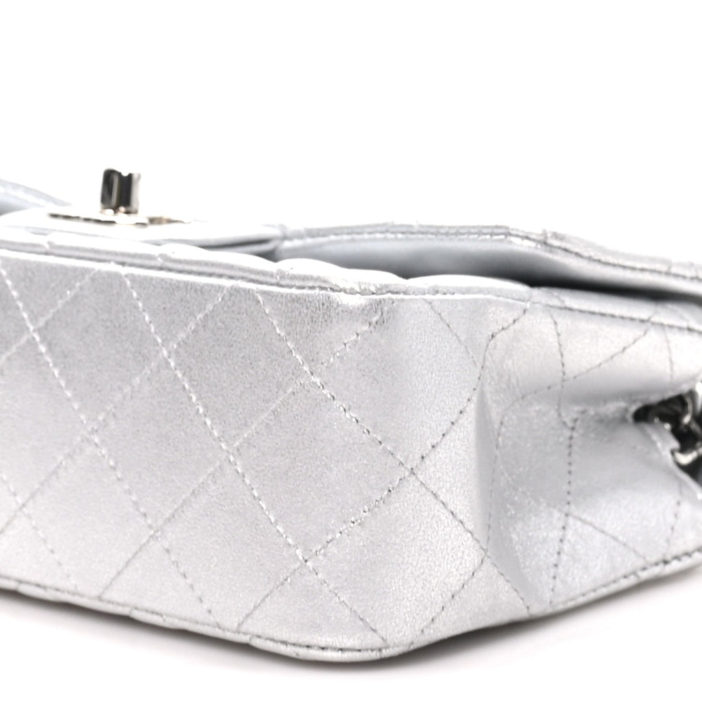Metallic Lambskin Quilted Mini Rectangular Flap Silver