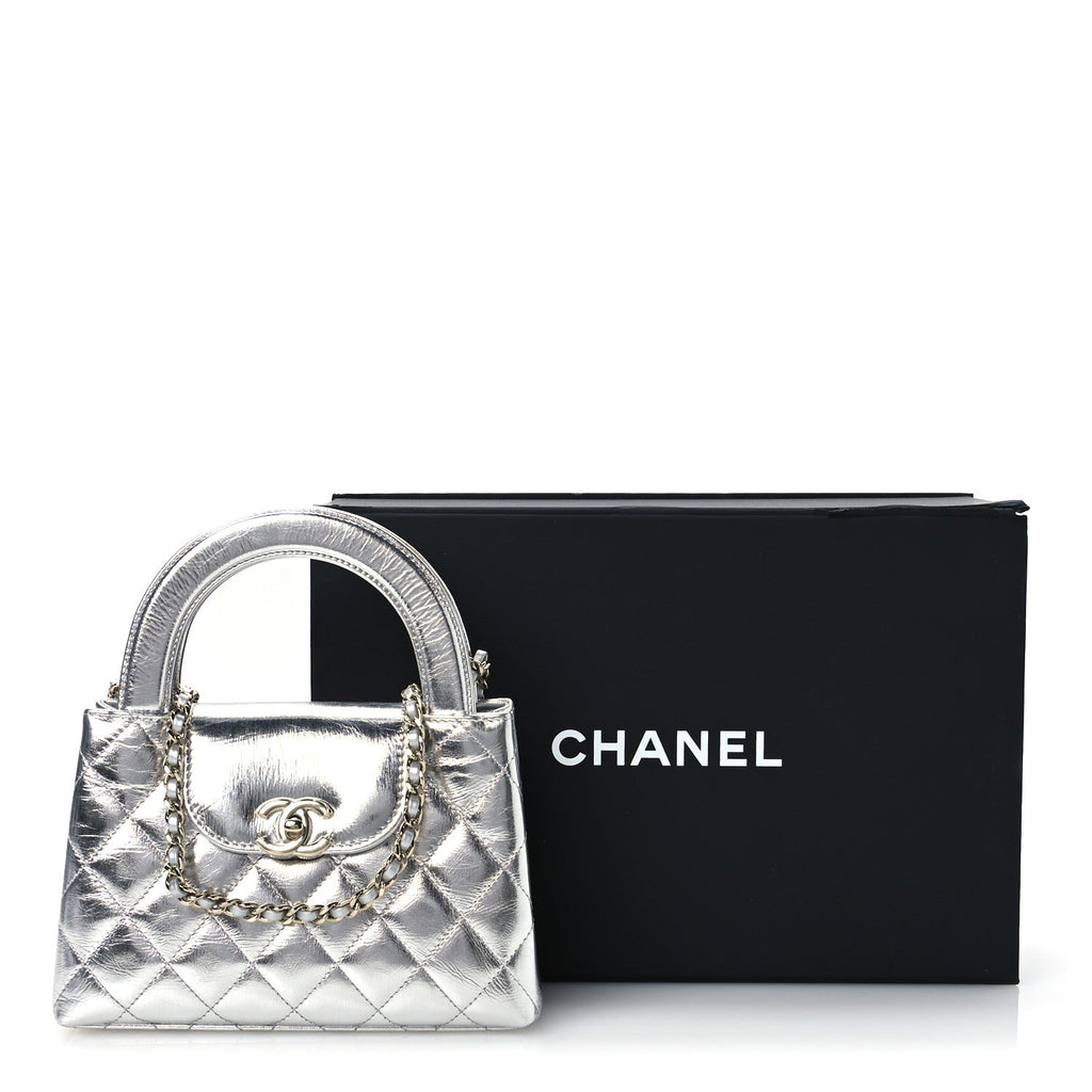 Metallic Aged Calfskin Quilted Nano Kelly Shopper Silvery