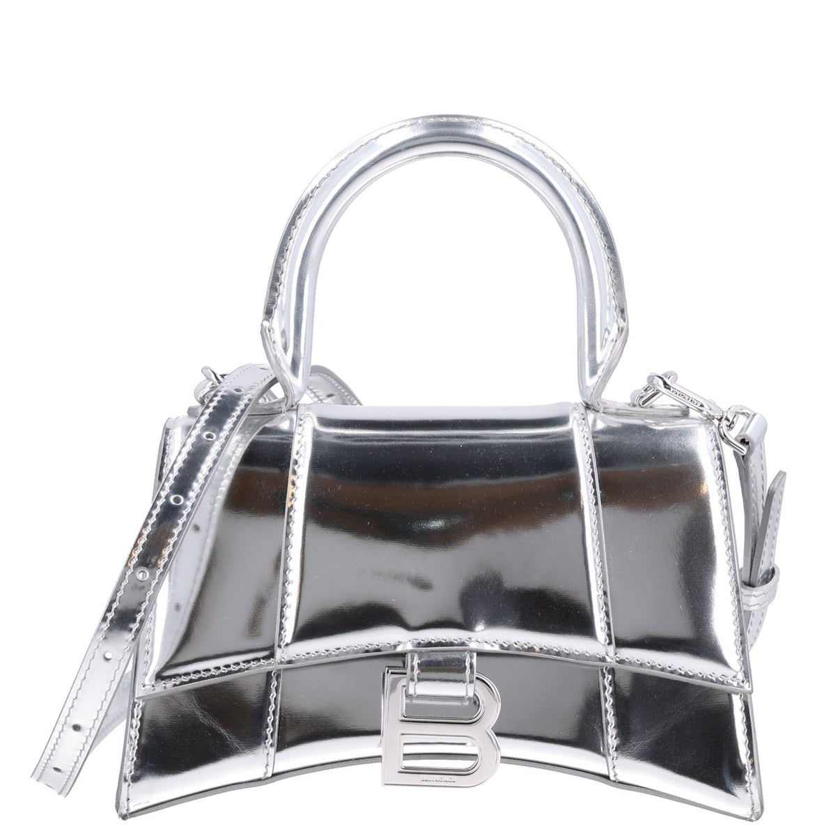 Metallic Calfskin Hourglass Top Handle Bag XS Silver