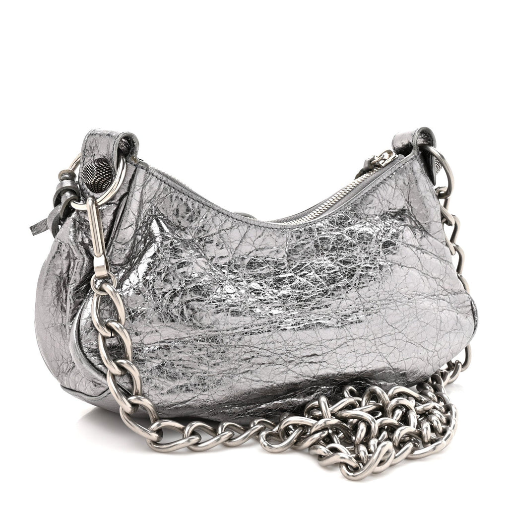 Metallic Agneau Arena Le Cagole Chain Shoulder Bag XS Silver