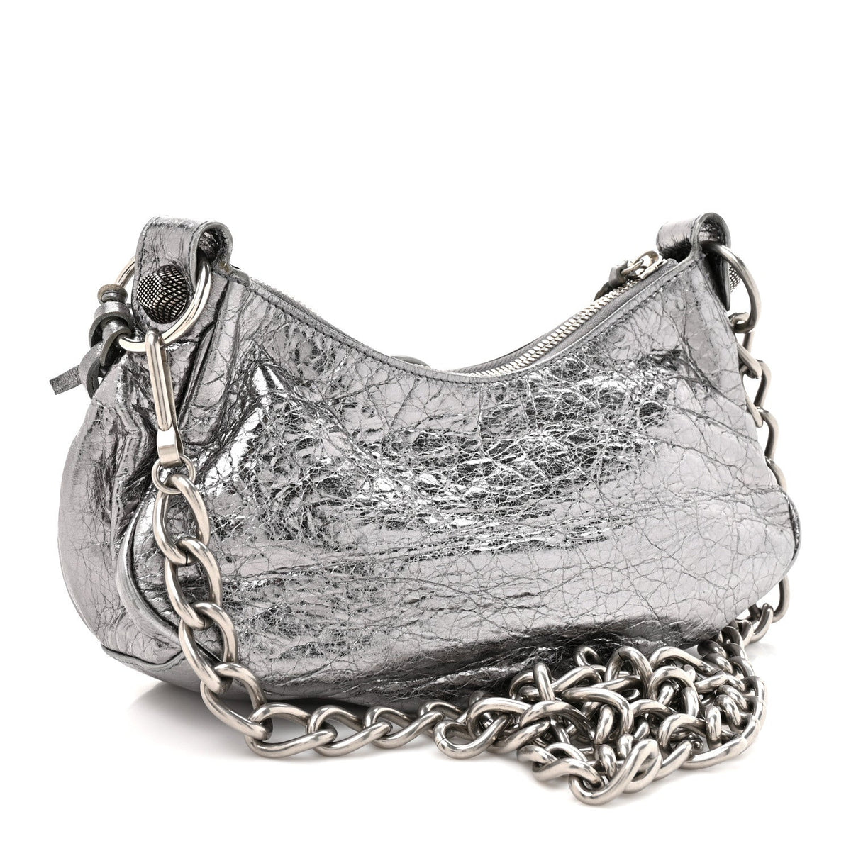 Metallic Agneau Arena Le Cagole Chain Shoulder Bag XS Silver