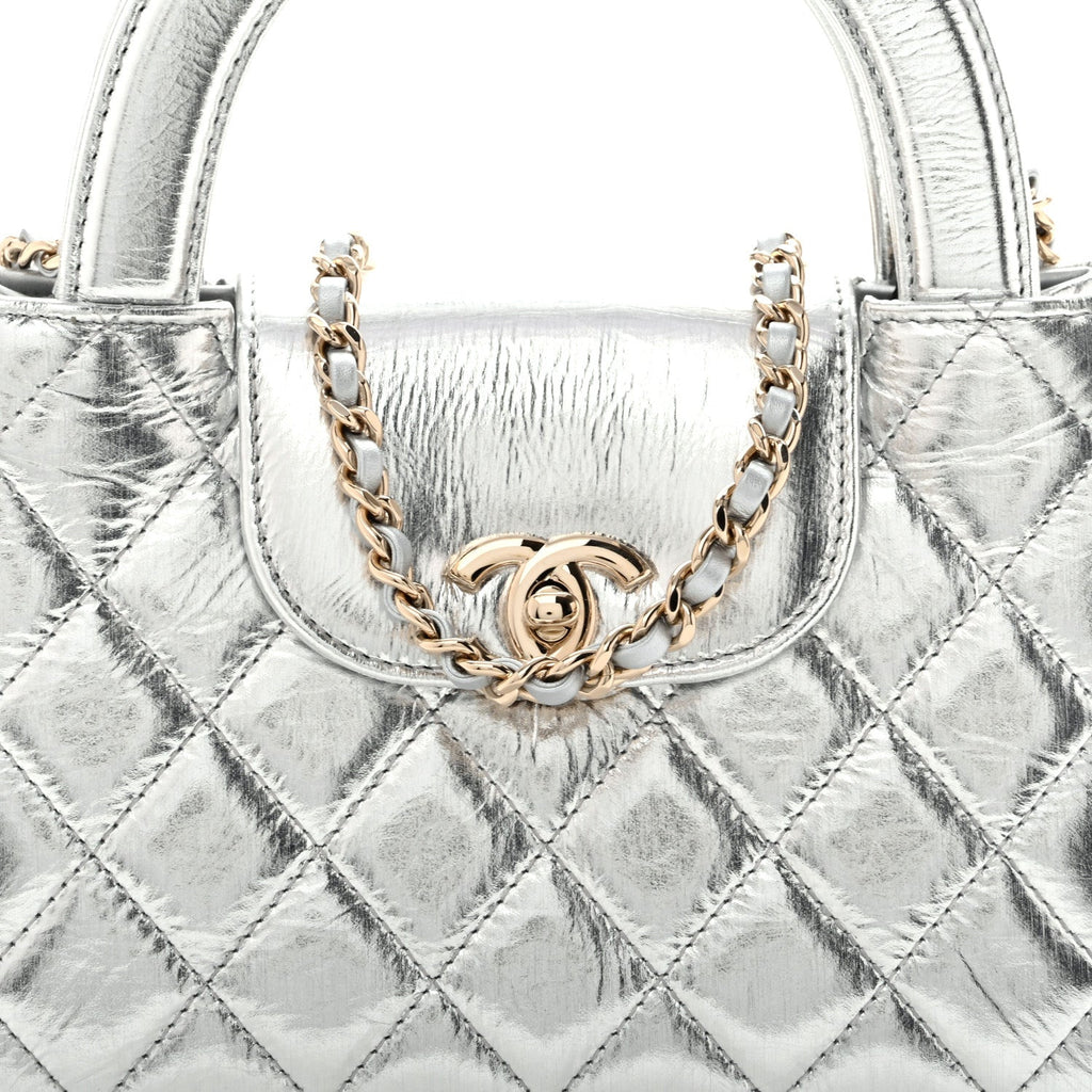 Metallic Aged Calfskin Quilted Nano Kelly Shopper Silvery