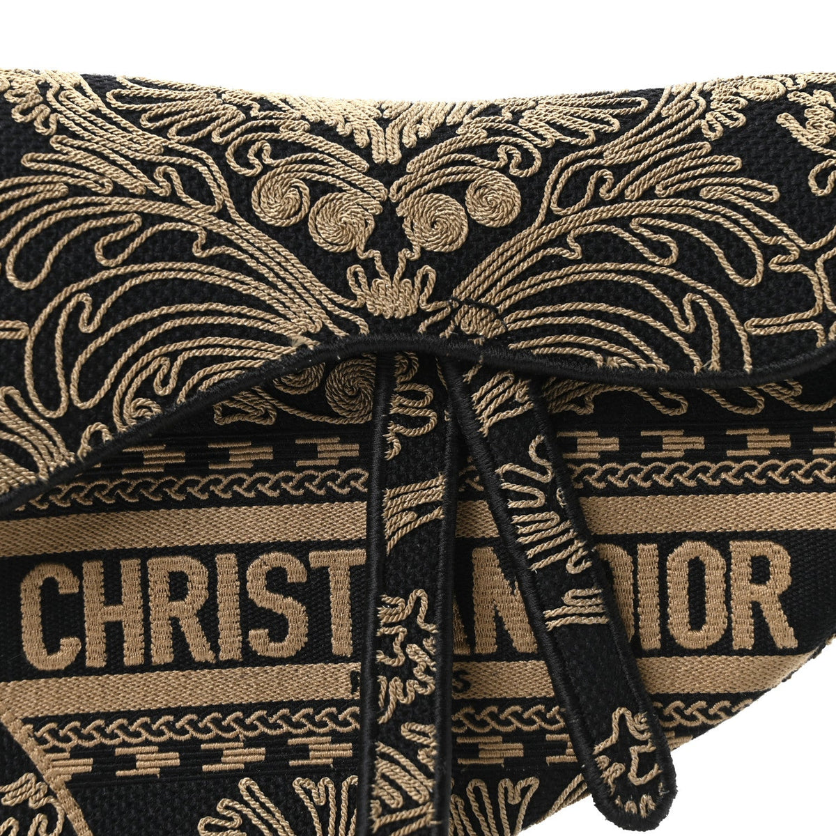 Canvas Embroidered Ornamental Cornely Saddle Bag Black Beige