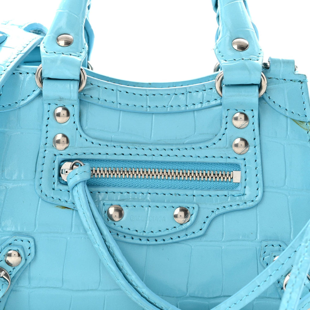 Calfskin Crocodile Embossed Neo Classic Silver Hardware Nano City Crossbody Azur