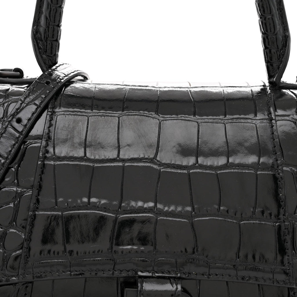 Shiny Calfskin Monochrome Crocodile Embossed Small Hourglass Top Handle Bag Black