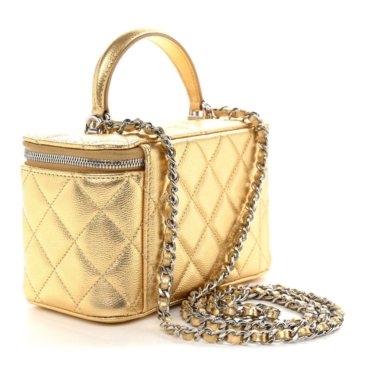 Metallic Caviar Quilted Top Handle Slim Vanity Case With Chain Gold