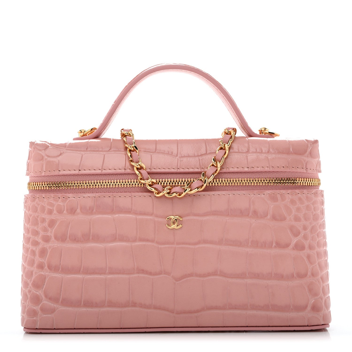 Calfskin Crocodile Embossed Crococo Top Handle Slim Vanity Case With Chain Light Pink