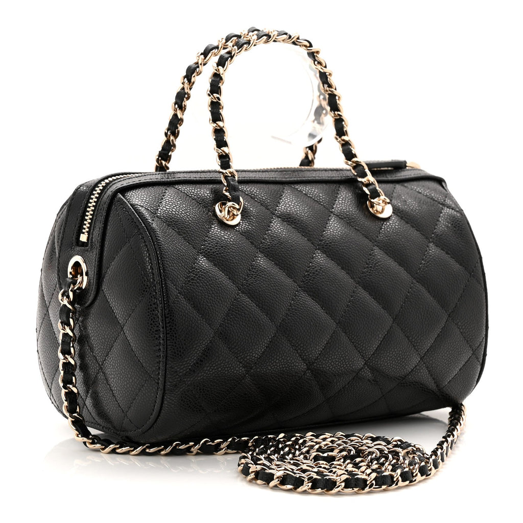 Caviar Quilted Barrel Clutch With Chain Black