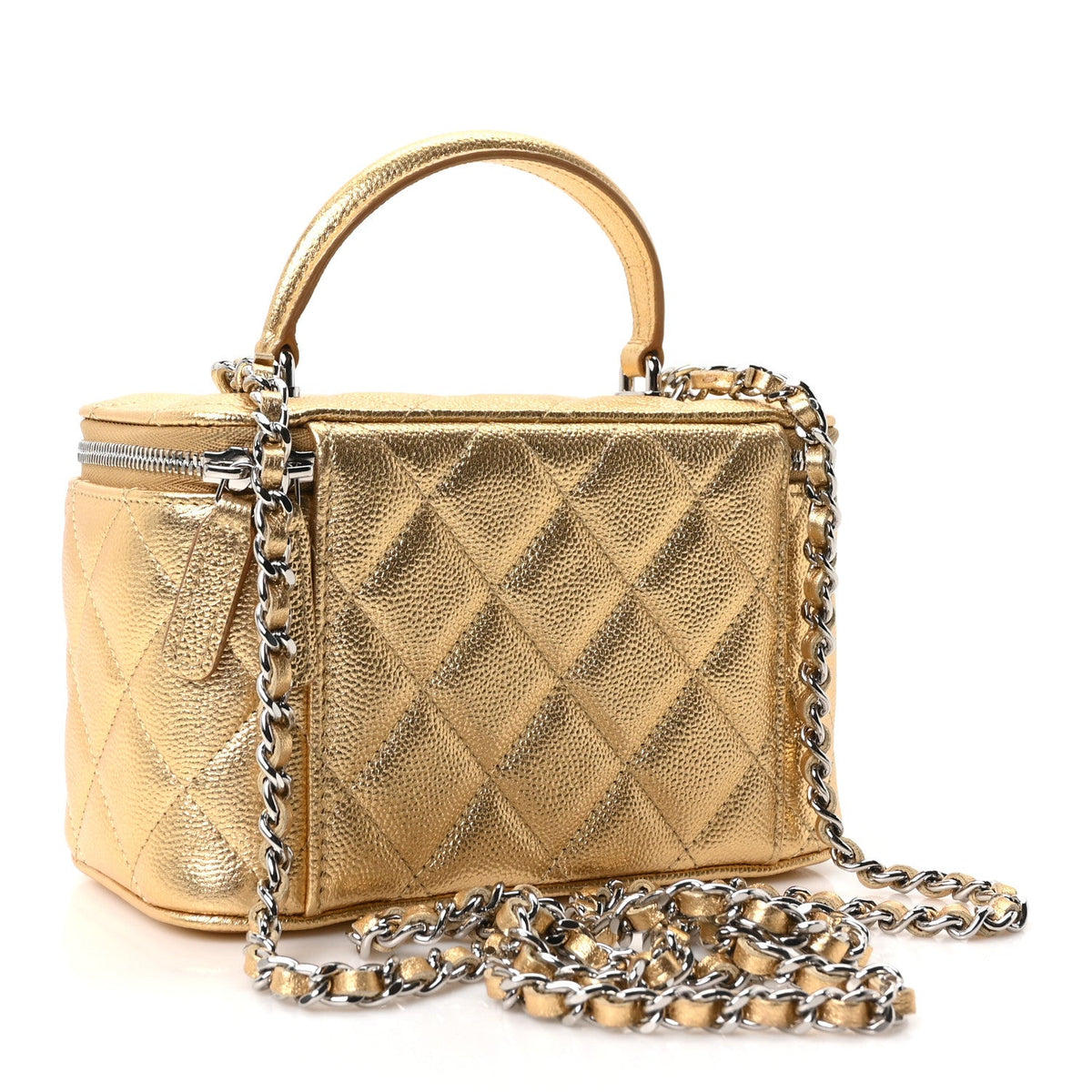 Metallic Caviar Quilted Small Top Handle Vanity Case With Chain Gold