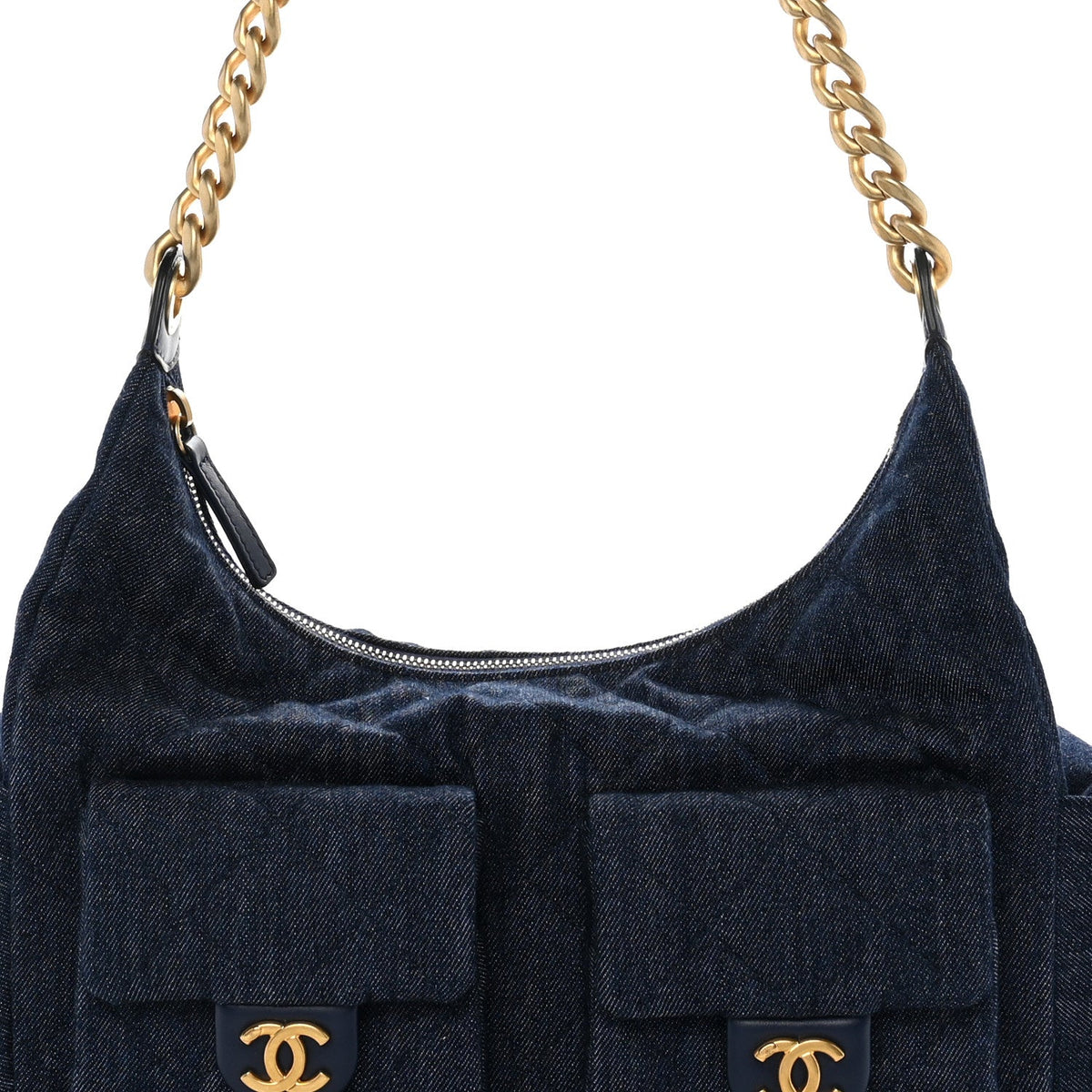 Washed Denim Quilted Maxi Trendy Pockets Hobo Dark Blue