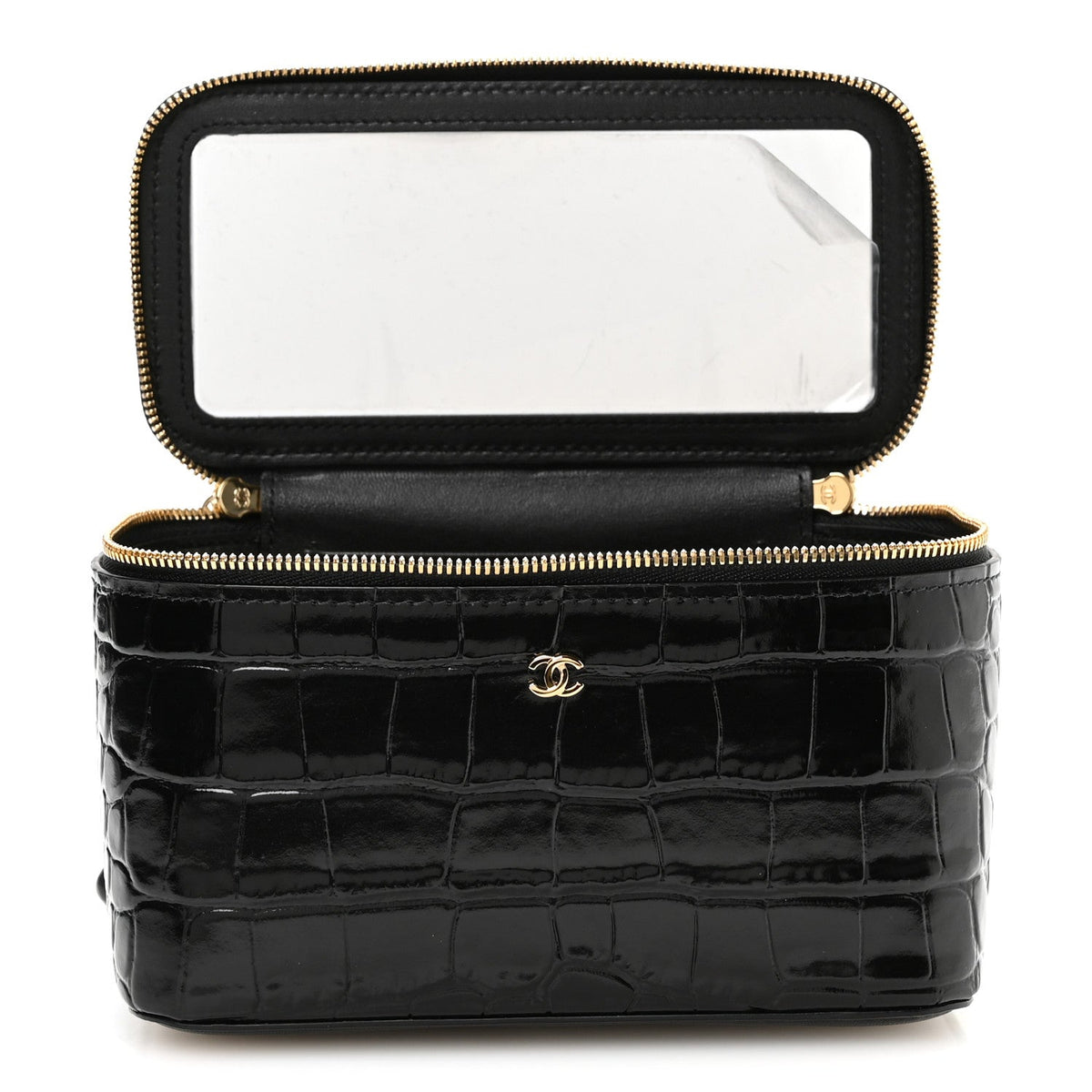 Calfskin Crocodile Embossed Crococo Small Top Handle Vanity Case With Chain Black