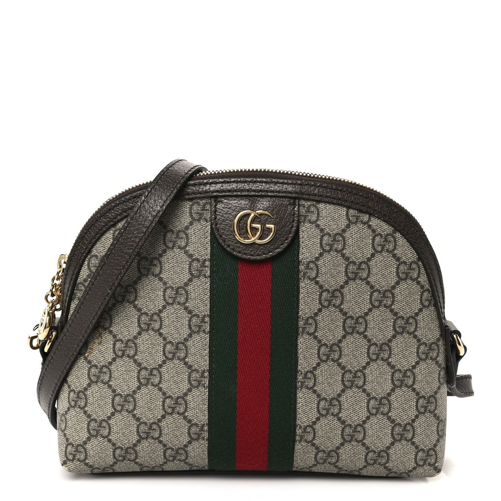 GG Supreme Monogram Textured Dollar Calfskin Web Small Ophidia Dome Shoulder Bag Beige Ebony New Acero