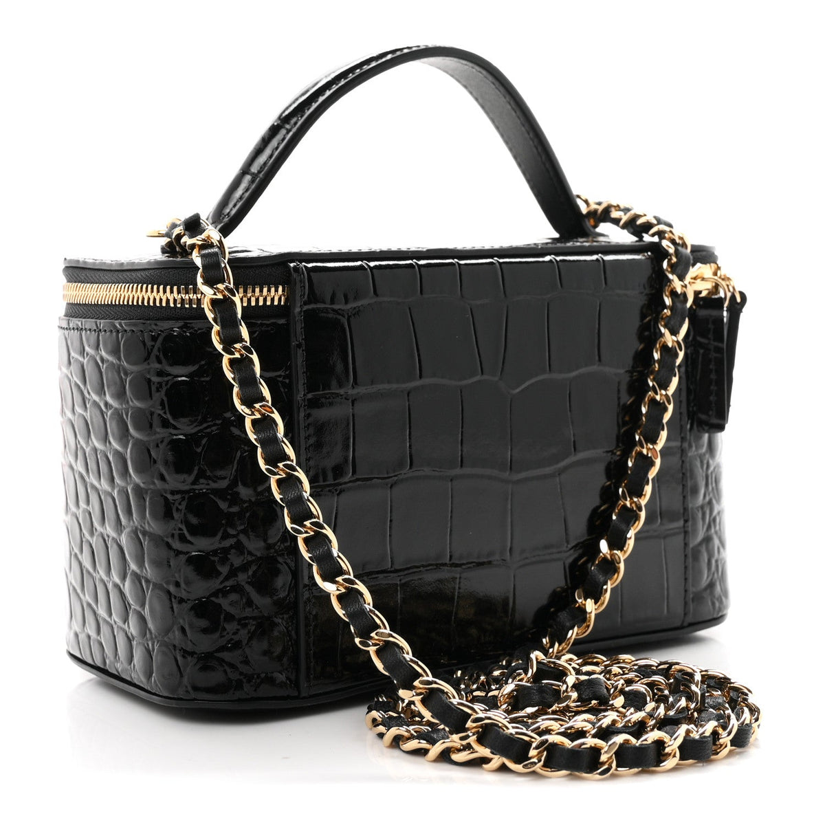 Calfskin Crocodile Embossed Crococo Small Top Handle Vanity Case With Chain Black