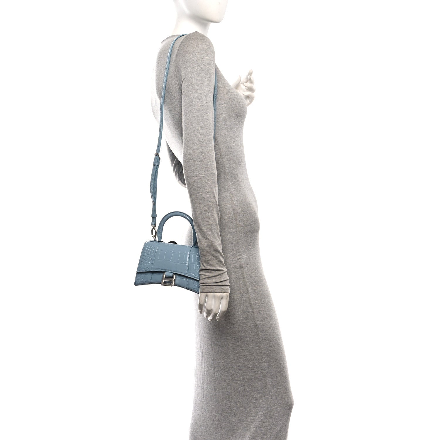 Shiny Calfskin Crocodile Embossed Hourglass Top Handle Bag XS Blue Grey