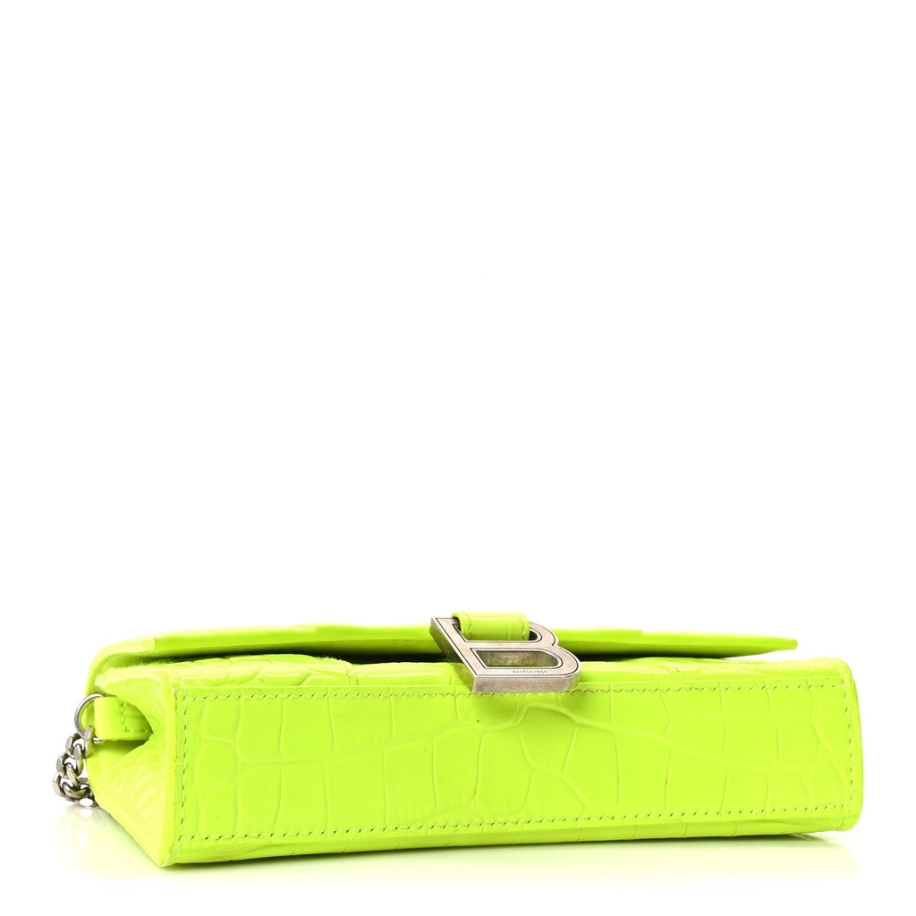 Shiny Calfskin Crocodile Embossed Hourglass Chain Bag Fluo Yellow