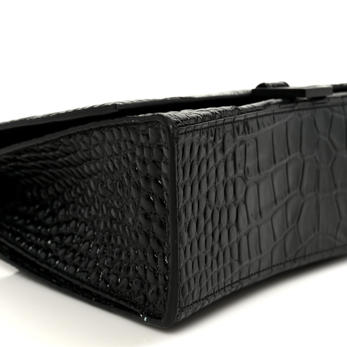 Shiny Calfskin Monochrome Crocodile Embossed Medium Hourglass Top Handle Bag Black