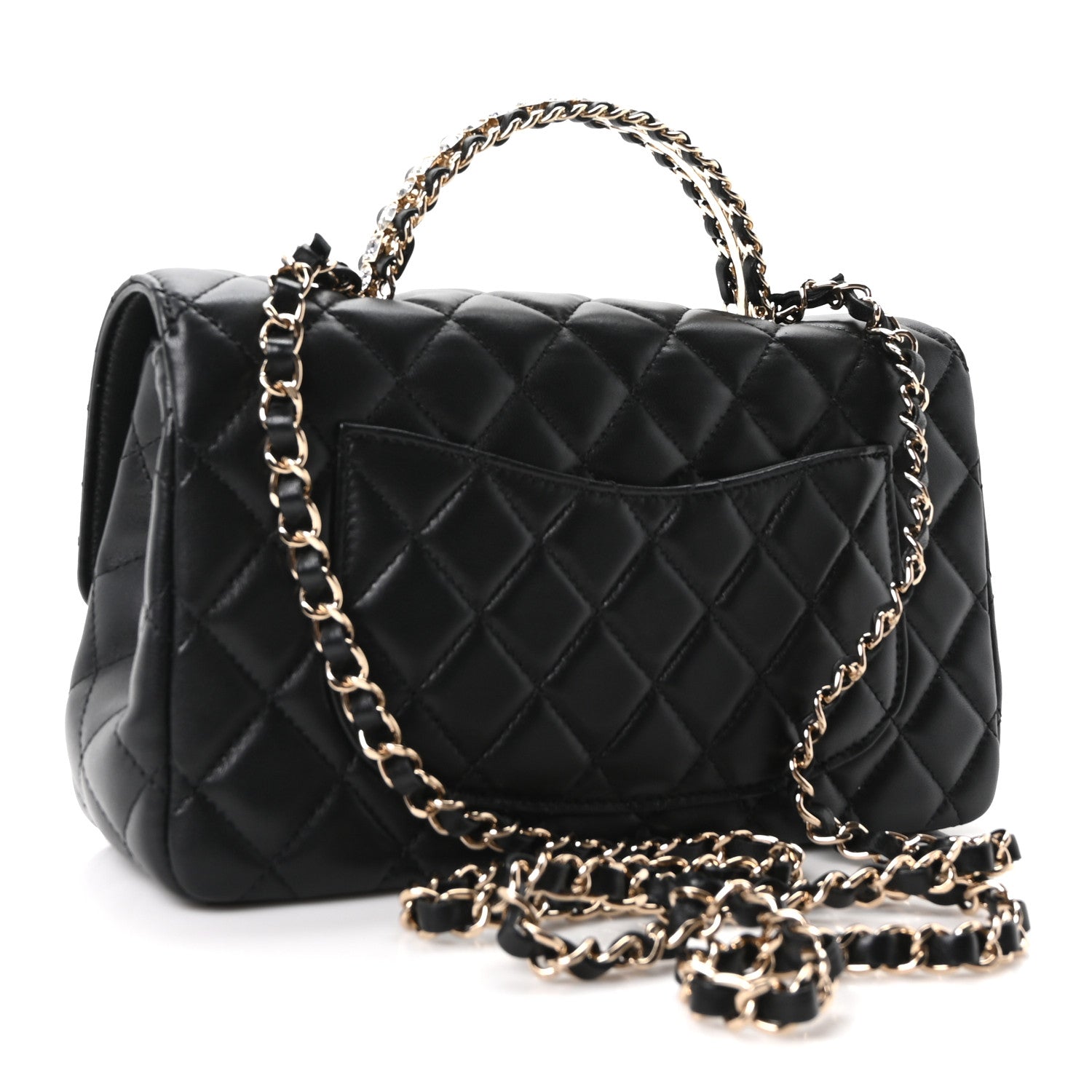 Lambskin Quilted Crystal Top Handle Small Rectangular Flap Black