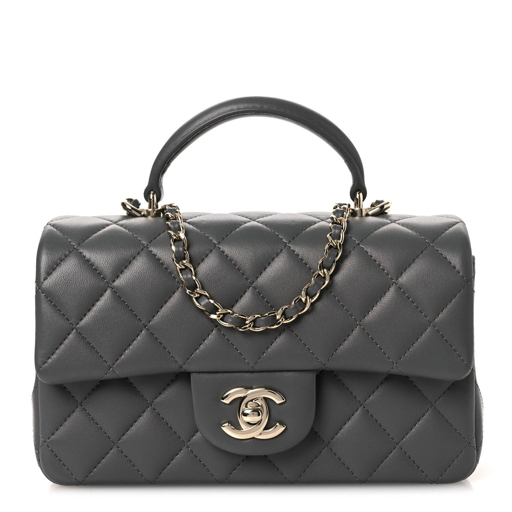 Lambskin Quilted Mini Top Handle Rectangular Flap Dark Grey